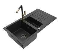 Mexen Matias fregadero de granito de 1,5 senos con escurridor y grifo de cocina Flora, negro/plateado - 6502-73-670401-57-B 19799 5905315056719