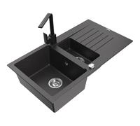 Mexen Matias fregadero de granito de 1,5 senos con escurridor y grifo de cocina Rita, negro moteado - 6502-76-670300-70 16934 5905315017451