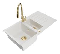 Mexen Matias fregadero de granito de 1,5 senos con escurridor y grifo de cocina Savita, blanco - 6502-20-672601-50 16586 5905315032607