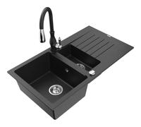 Mexen Matias fregadero de granito de 1.5 senos con escurridor y grifo de cocina Savita, negro/plata - 6502-73-672601-70 16640 5905315032737