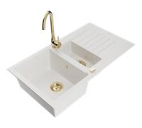 Mexen Matias fregadero de granito de 1,5 senos con escurridor y grifo de cocina Telma, blanco - 6502-20-670200-50 6149 5907709189126
