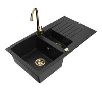 Mexen Matias fregadero de granito de 1,5 senos con escurridor y grifo de cocina Telma, negro - 6502-77-670200-50 6160 5907709189232