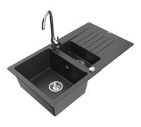 Mexen Matias fregadero de granito de 1,5 senos con escurridor y grifo de cocina Telma, negro moteado - 6502-76-670200-00 6157 5907709189201