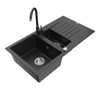 Mexen Matias fregadero de granito de 1,5 senos con escurridor y grifo de cocina Telma, negro/oro - 6502-75-670200-70 6156 5907709189195