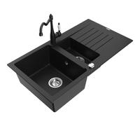 Mexen Matias fregadero de granito de 1,5 tazones con escurridor y grifo de cocina Carla, negro - 6502-77-670700-70 16529 5905315038005