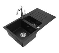 Mexen Matias fregadero de granito de 1,5 tazones con escurridor y grifo de cocina Carla, negro - 6502-77-670700-00 16524 5905315037978