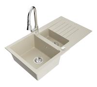 Mexen Matias fregadero de granito de 1,5 tazones con escurridor y grifo de cocina Elia, blanco - 6502-69-670101-00 19491 5905315027481