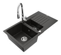 Mexen Matias fregadero de granito de 1,5 tazones con escurridor y grifo de cocina Savita, negro/oro - 6502-75-672601-00 16656 5905315032768