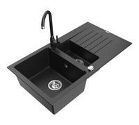 Mexen Matias fregadero de granito de 1,5 tazones con escurridor y grifo de cocina Telma, negro/plata - 6502-73-670200-70 6154 5907709189171