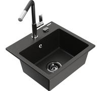 Mexen Milo fregadero de granito de 1 cubeta con grifo de cocina Flora, negro/dorado metálico - 6505-75-670401-07-B 20558 5905315058256