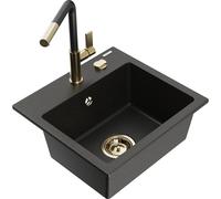 Mexen Milo fregadero de granito de 1 cuenco con grifo de cocina Flora, negro/dorado metálico - 6505-75-670401-57-G 20559 5905315058263
