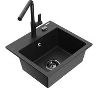 Mexen Milo fregadero de granito de 1 seno con grifo de cocina Flora, negro/metálico plateado - 6505-73-670401-70-B 20555 5905315058225