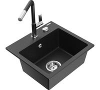 Mexen Milo fregadero de granito de 1 seno con grifo de cocina Flora, negro/metalizado plateado - 6505-73-670401-07 20551 5905315058188