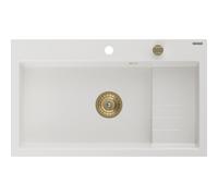 Mexen Omar fregadero de granito 1-cubeta 800 x 480 mm, blanco, sifón dorado - 6520801005-20-G 31100 5905315236326