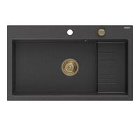 Mexen Omar fregadero de granito 1-cubeta 800 x 480 mm, negro moteado, sifón dorado - 6520801005-76-G 31118 5905315236371