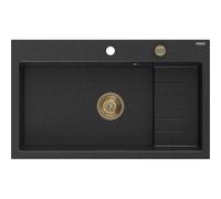 Mexen Omar fregadero de granito de 1 cubeta 800 x 480 mm, negro/plateado metálico, sifón dorado - 6520801005-73-G 31113 5905315236357