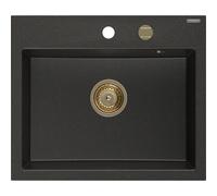 Mexen Oscar fregadero de granito de 1 cuenco 580 x 490 mm, negro/dorado metálico, sifón dorado - 6519581000-75-G 29287 5905315236296