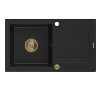 Mexen Pablo fregadero de granito 1-cuenco con escurridor 752 x 436 mm, negro, sifón dorado - 6510751010-77-G 16187 5905315011961