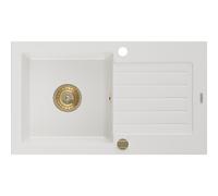 Mexen Pablo fregadero de granito de 1 cubeta con escurridor 752 x 436 mm, blanco, sifón dorado - 6510751010-20-G 16181 5905315011909