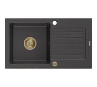 Mexen Pablo fregadero de granito de 1 cubeta con escurridor 752 x 436 mm, negro moteado, sifón dorado - 6510751010-76-G 16186 5905315011954