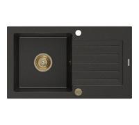 Mexen Pablo fregadero de granito de 1 cubeta con escurridor 752 x 436 mm, negro/oro metálico, sifón dorado - 6510751010-75-G 16185 5905315011947