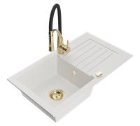 Mexen Pablo fregadero de granito de 1 cubeta con escurridor y grifo de cocina Aster, blanco - 6510-20-73450-57-G 19098 5905315045485