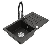 Mexen Pablo fregadero de granito de 1 cubeta con escurridor y grifo de cocina Aster, negro/dorado metálico - 6510-75-73450-07 19116 5905315045706