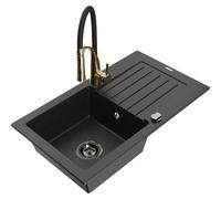 Mexen Pablo fregadero de granito de 1 cubeta con escurridor y grifo de cocina Aster, negro/dorado metálico - 6510-75-73450-57-B 19119 5905315045737