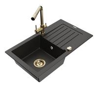 Mexen Pablo fregadero de granito de 1 cubeta con escurridor y grifo de cocina Duero, negro/dorado metálico - 6510-75-671600-50 17871 5905315024435