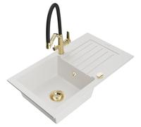 Mexen Pablo fregadero de granito de 1 cubeta con escurridor y grifo de cocina Duo, blanco - 6510-20-671701-57-G 22741 5905315100832