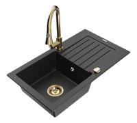Mexen Pablo fregadero de granito de 1 cubeta con escurridor y grifo de cocina Elia, negro/oro metálico - 6510-75-670101-50 19732 5905315029553