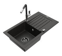 Mexen Pablo fregadero de granito de 1 cubeta con escurridor y grifo de cocina Flora, negro/dorado metálico 20743 5905315059758