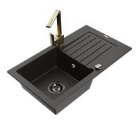Mexen Pablo fregadero de granito de 1 cubeta con escurridor y grifo de cocina Rita, negro/oro metálico- 6510-75-670300-50-B 17331 5905315019325