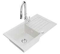 Mexen Pablo fregadero de granito de 1 cubeta con escurridor y grifo de cocina Savita, blanco - 6510-20-672601-00 17551 5905315034496