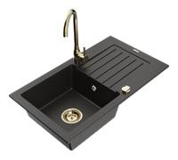 Mexen Pablo fregadero de granito de 1 cubeta con escurridor y grifo de cocina Telma, negro/dorado - 6510-75-670200-50 6260 5907709160231