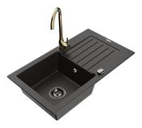 Mexen Pablo fregadero de granito de 1 cubeta con escurridor y grifo de cocina Telma, negro/oro - 6510-75-670200-50-B 18327 5905315015013