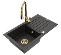 Mexen Pablo fregadero de granito de 1 seno con escurridor y grifo de cocina Savita, negro/dorado metálico - 6510-75-672601-50 17589 5905315034663