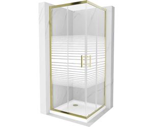 Mexen Rio cabina de ducha cuadrada 70 x 70 cm, rayas blancas, dorado + plato de ducha Flat, blanco - 860-070-070-50-20-4010G 14553 5907709147997