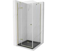 Mexen Roma cabina de ducha abatible 90 x 90 cm, transparente, dorada + plato de ducha Flat, negro - 854-090-090-50-00-4070G 13578 5907709167803