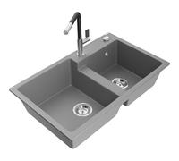 Mexen Tomas fregadero de cocina de granito de 2 compartimentos con grifo Flora, gris - 6516-71-670401-07 21079 5905315062628