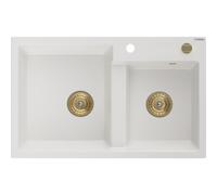 Mexen Tomas fregadero de granito de 2 cámaras 800 x 500 mm, blanco, sifón dorado - 6516802000-20-G 16232 5905315012326