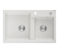 Mexen Tomas fregadero de granito de 2 compartimentos 800 x 500 mm, blanco, sifón cromado - 6516802000-20 16101 5905315052186