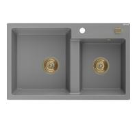 Mexen Tomas fregadero de granito de 2 compartimentos 800 x 500 mm, gris, sifón dorado - 6516802000-71-G 16235 5905315012340