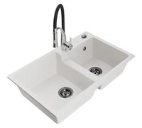 Mexen Tomas fregadero de granito de 2 compartimentos con grifo de cocina Aster, blanco - 6516-20-73450-07-B 19327 5905315047991