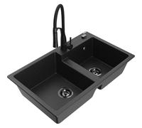 Mexen Tomas fregadero de granito de 2 compartimentos con grifo de cocina Aster, negro/plata metálico - 6516-73-73450-70-B 19345 5905315048202