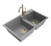 Mexen Tomas fregadero de granito de 2 compartimentos con grifo de cocina Carla, gris - 6516-71-670700-50 18594 5905315041630
