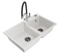 Mexen Tomas fregadero de granito de 2 compartimentos con grifo de cocina Duo, blanco - 6516-20-671701-07-B 22957 5905315054715