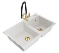 Mexen Tomas fregadero de granito de 2 compartimentos con grifo de cocina Duo, blanco - 6516-20-671701-57-G 22958 5905315054722