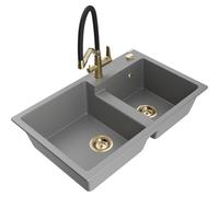 Mexen Tomas fregadero de granito de 2 compartimentos con grifo de cocina Duo, gris - 6516-71-671701-57-G 22968 5905315054845
