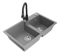 Mexen Tomas fregadero de granito de 2 compartimentos con grifo de cocina Elia, gris - 6516-71-670101-70 20096 5905315031396